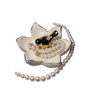 Elegant Porcelain Lotus Jewelry Holder with Gold Bird Ring Stand